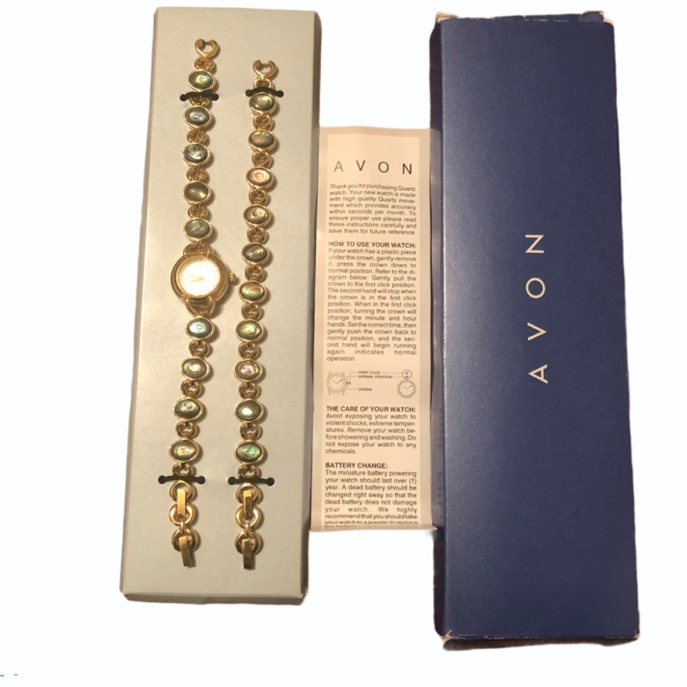 NIB GoldTone Genuine Abalone Watch & Bracelet Set